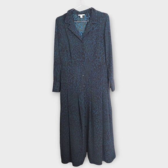 Top Shop Leopard Midi Sz 8 Turquoise Black Button Crepe Dress Academia Whimsicor - Picture 1 of 13